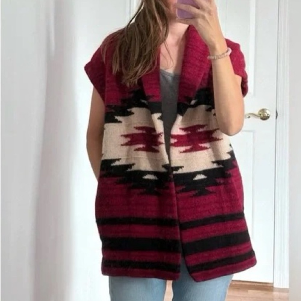 LRL Ralph Lauren Deep Red Native Tribal Aztec Sleeveless Knit Wrap Cardigan, S - Picture 2 of 16